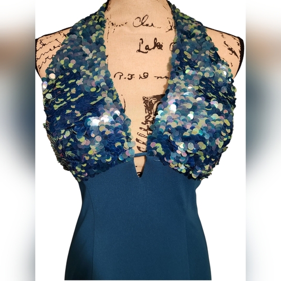 NIKI By Niki Livas Teal Sequin Halter Gown - Picture 4 of 11